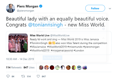 Piers Morgan congratulates Toni-Ann Singh for her Miss World win and her voice on Twitter